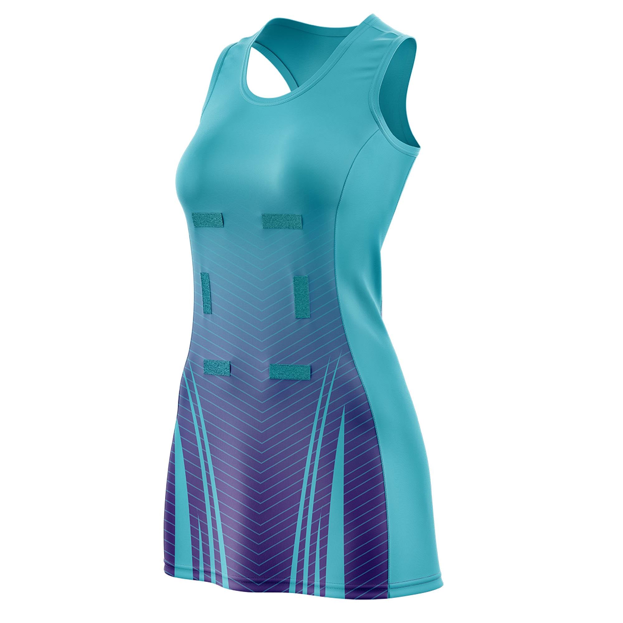 Custom Aqua Purple Netball Dresses With Diagonal Lines And Jagged Texture Patterns