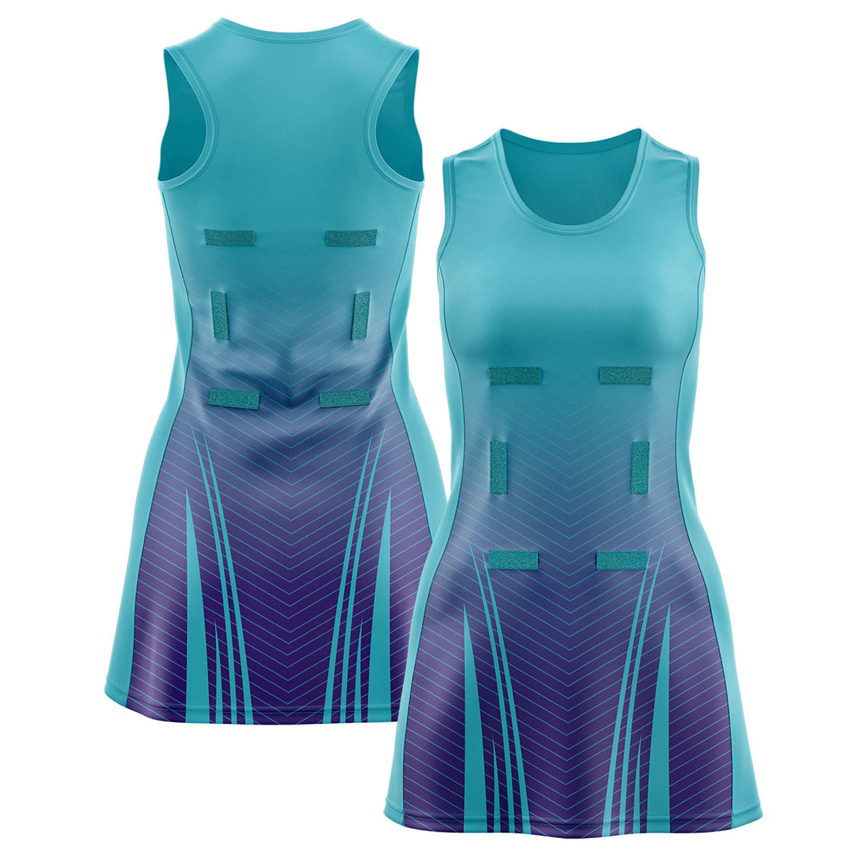 Custom Aqua Purple Netball Dresses With Diagonal Lines And Jagged Texture Patterns