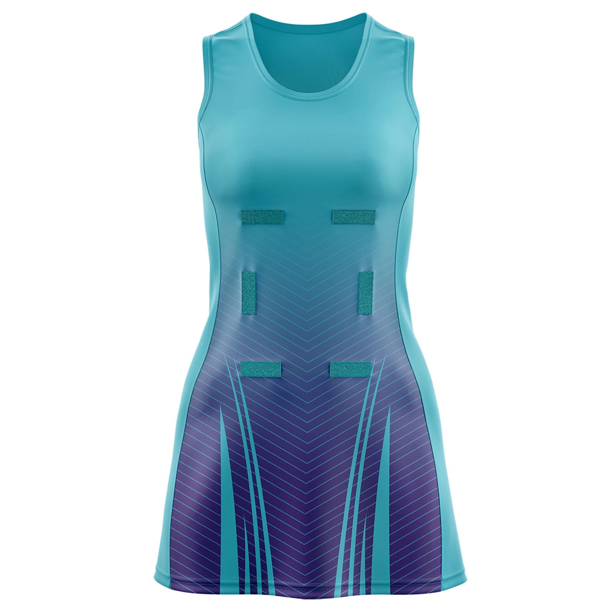 Custom Aqua Purple Netball Dresses With Diagonal Lines And Jagged Texture Patterns