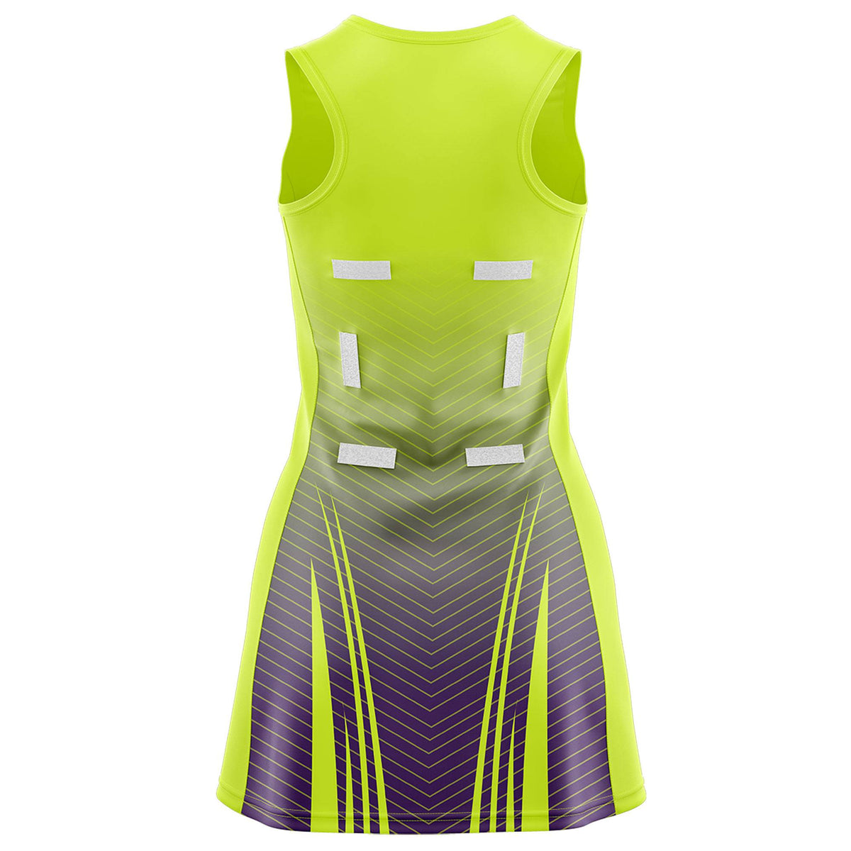 Custom Fluorescent Green Purple Netball Dresses With Diagonal Lines And Jagged Texture Patterns