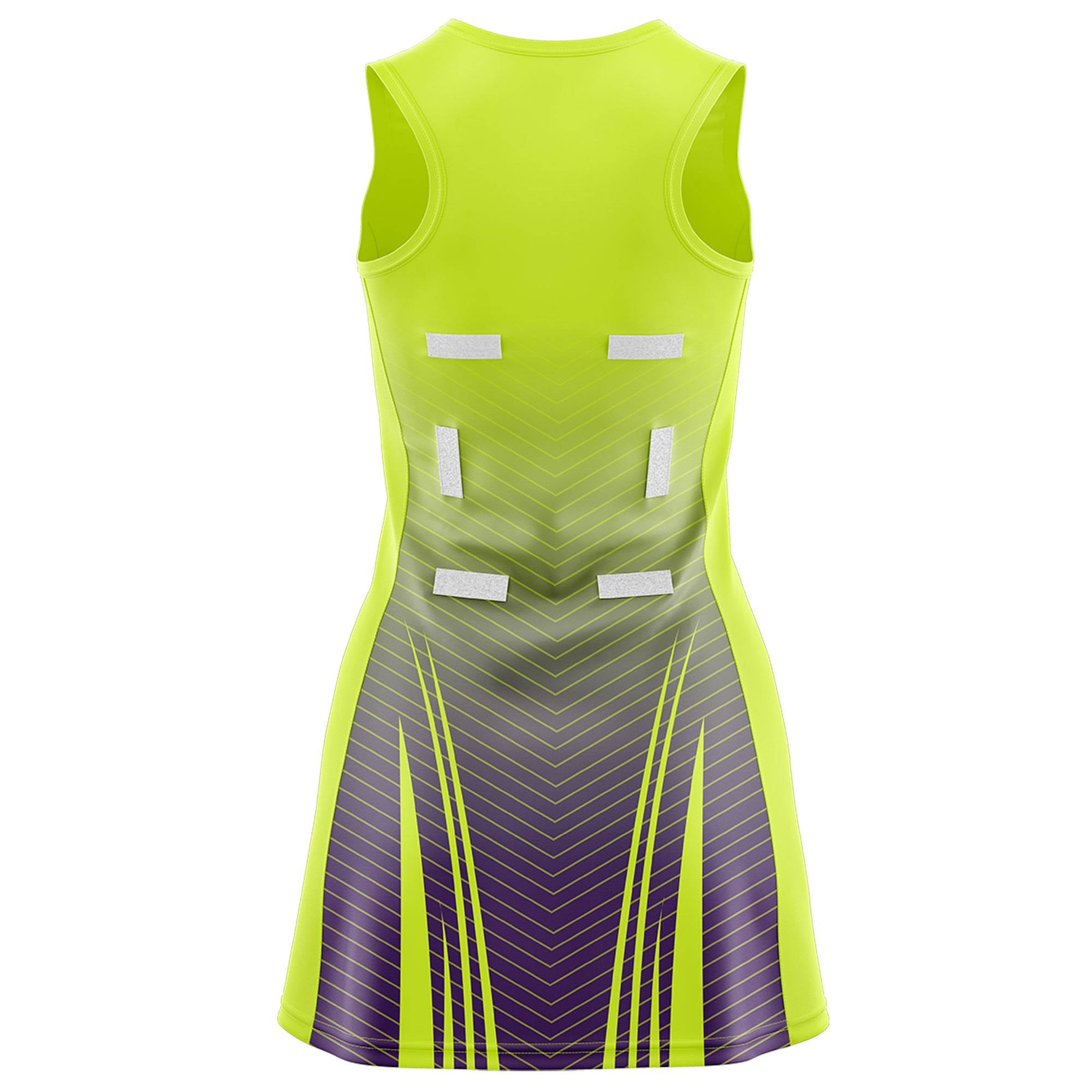 Custom Fluorescent Green Purple Netball Dresses With Diagonal Lines And Jagged Texture Patterns