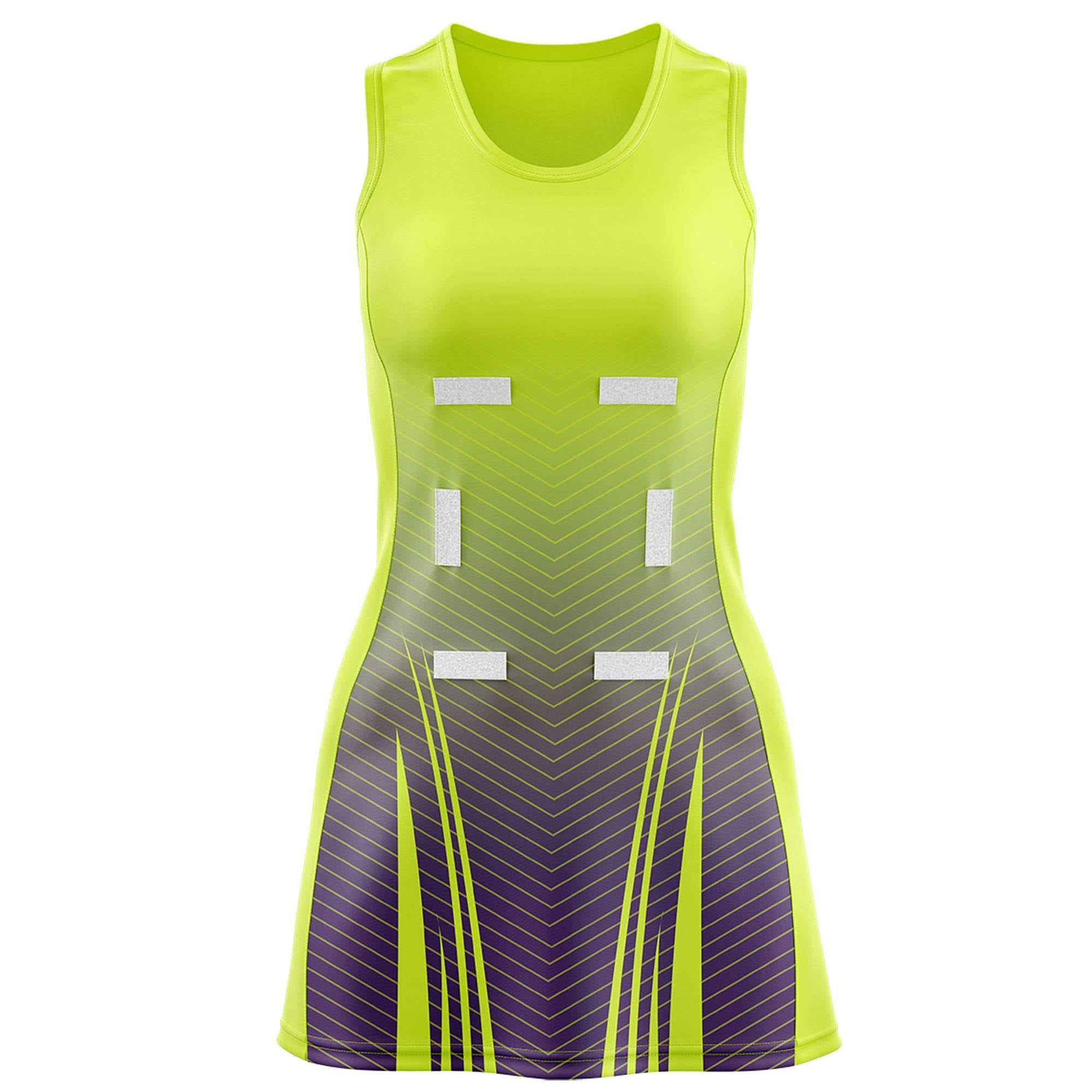 Custom Fluorescent Green Purple Netball Dresses With Diagonal Lines And Jagged Texture Patterns