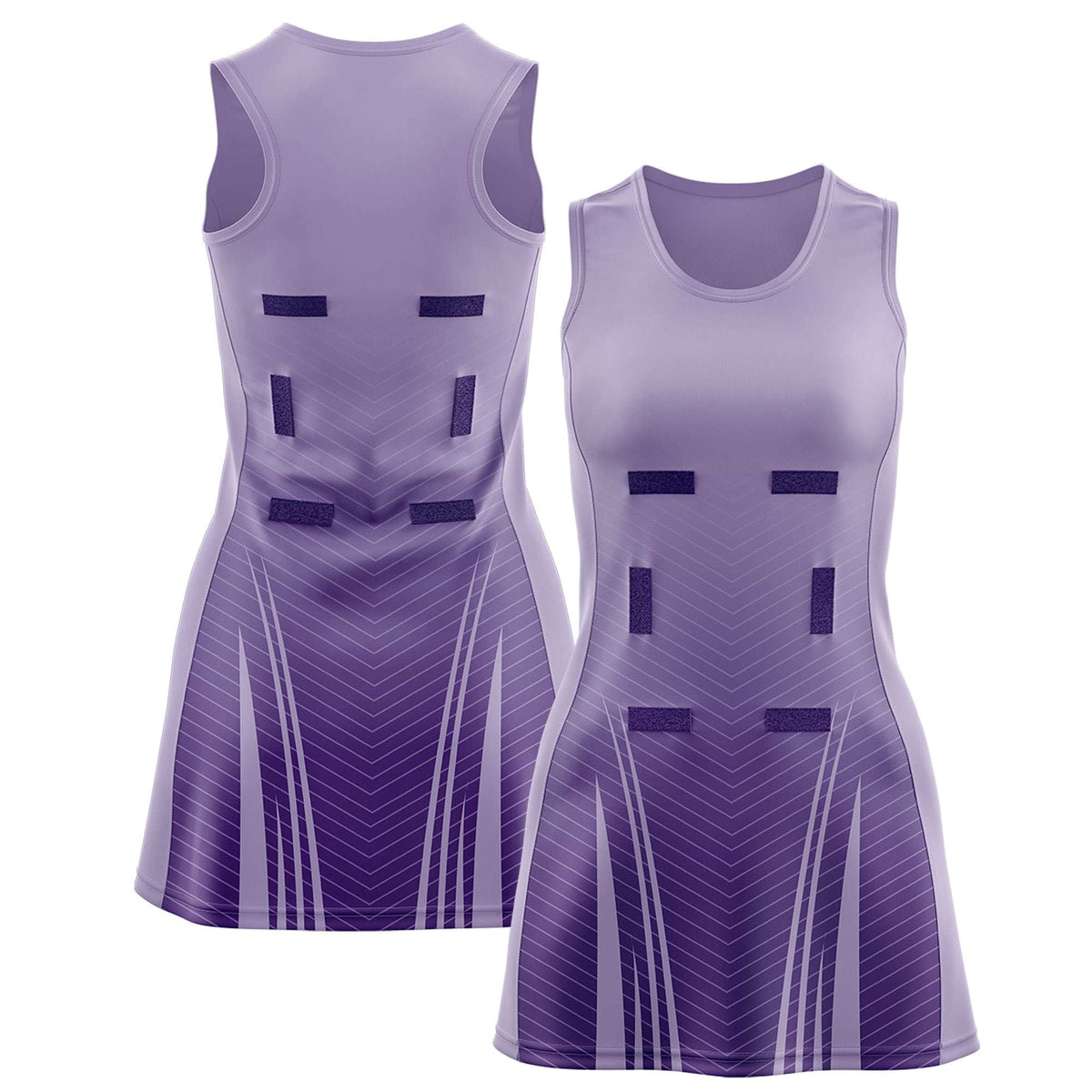 Custom Light Purple Purple Netball Dresses With Diagonal Lines And Jagged Texture Patterns