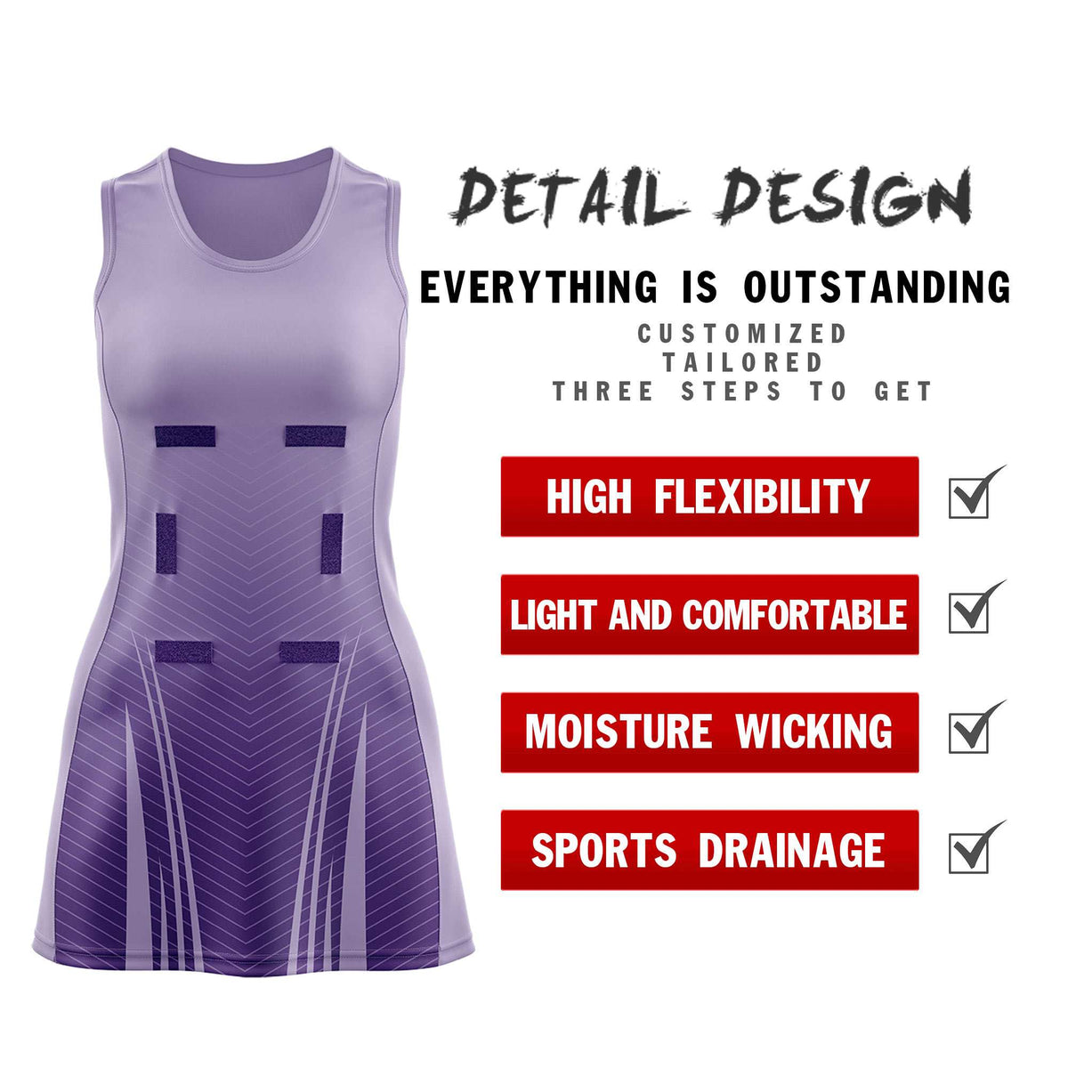 Custom Light Purple Purple Netball Dresses With Diagonal Lines And Jagged Texture Patterns