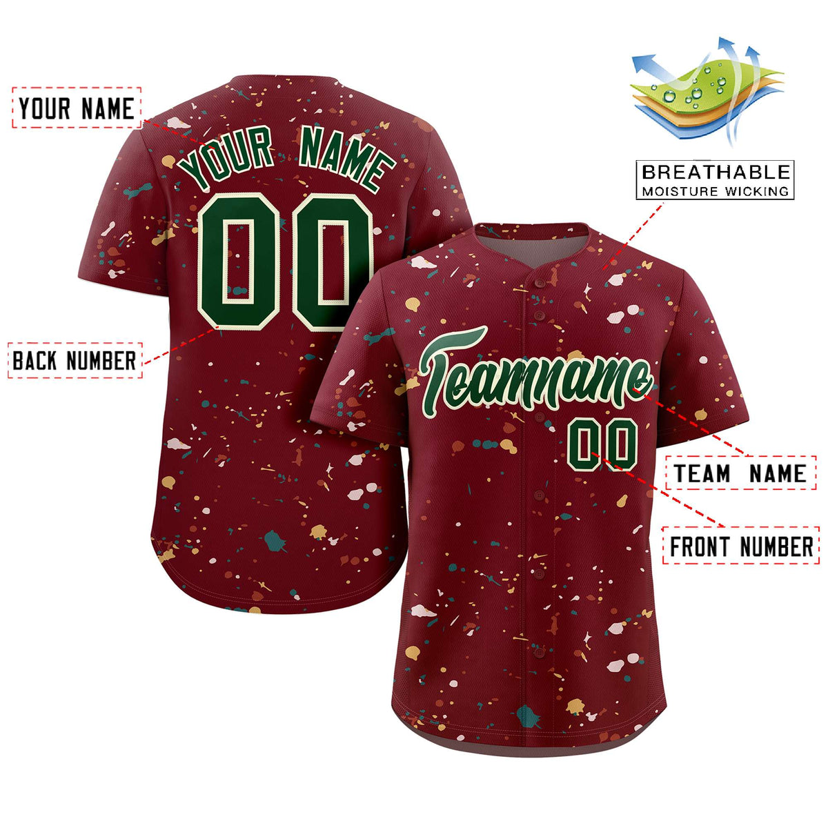 Custom Crimson Green-Cream Splash Graffiti Pattern Authentic Baseball Jersey