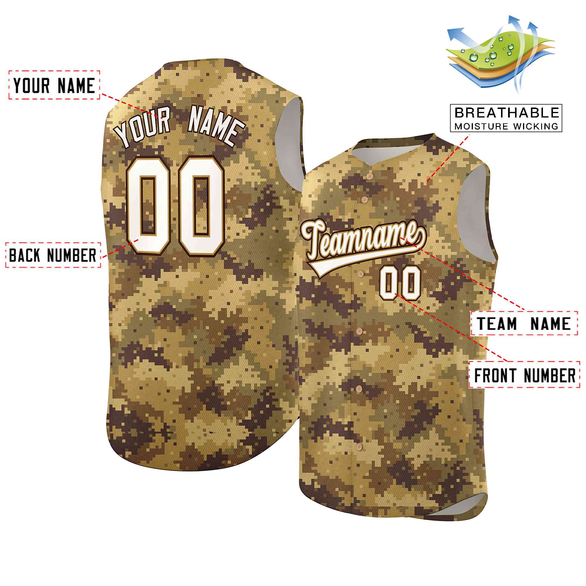 Custom Brown Old Gold-White Camo Fashion Authentic Sleeveless Baseball Jersey
