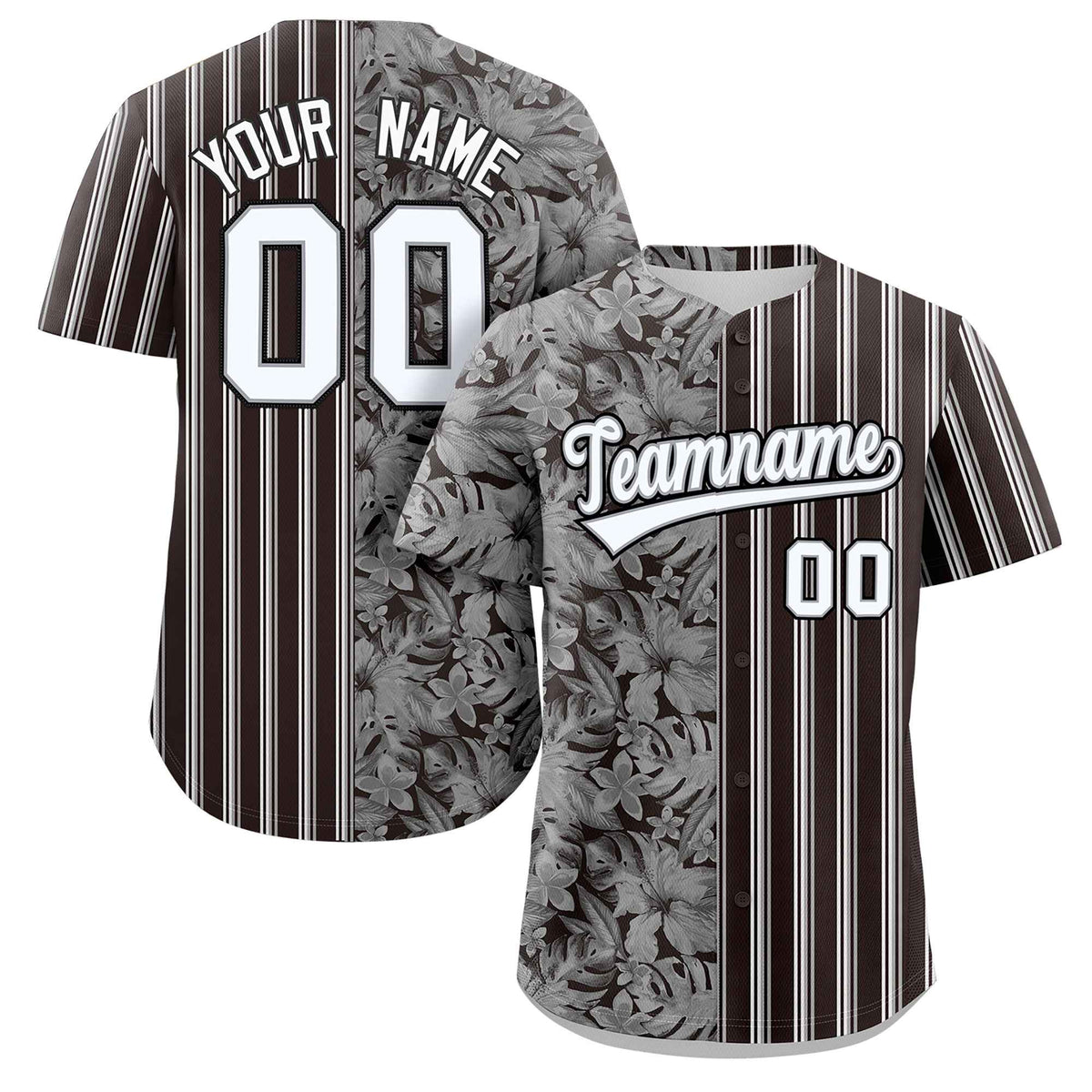 Custom Black White Gray Hawaii Tropical Flower Stripe Fashion Baseball Jersey