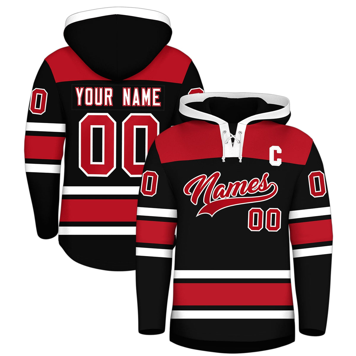 Custom Hockey Hoodie Jersey Black Red Raglan Sleeves Lace-Up Neck Personalized Jersey for Men &amp; Youth