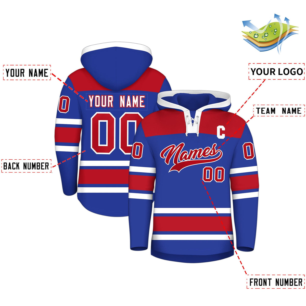 Custom Hockey Hoodie Jersey Royal Blue Red Raglan Sleeves Lace-Up Neck Personal Name &amp; Number &amp; Logo