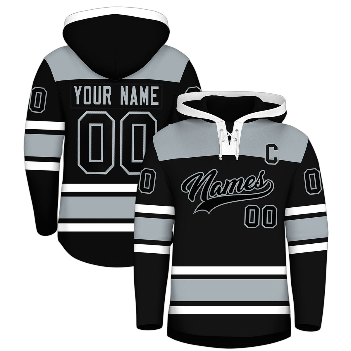 Custom Hockey Hoodie Jersey Black Silver Raglan Sleeves Lace-Up Neck Classic Team Colors Hoodie