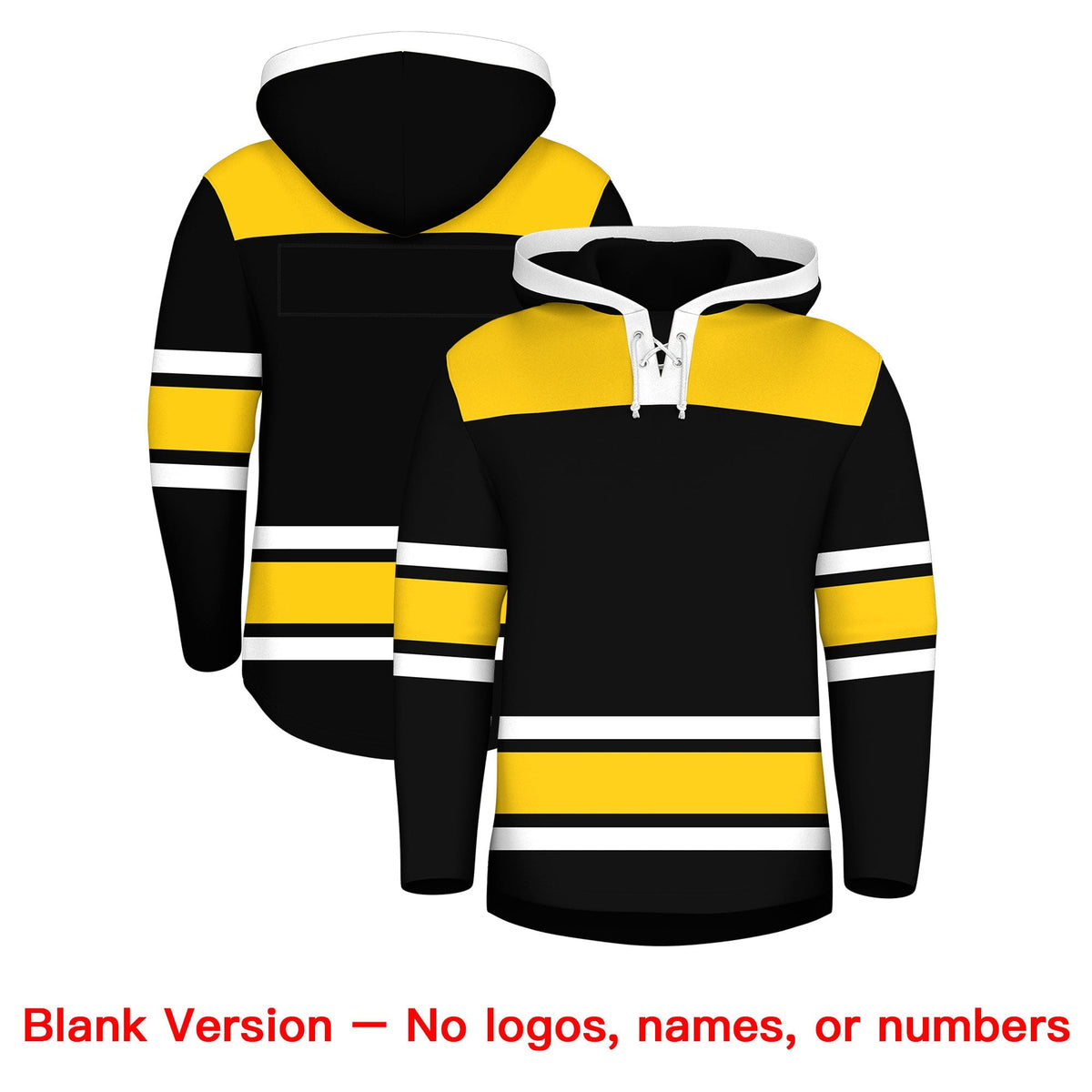 Custom Hockey Hoodie Jersey Black Gold Raglan Sleeves Lace-Up Neck Personalized Jersey for Men &amp; Youth
