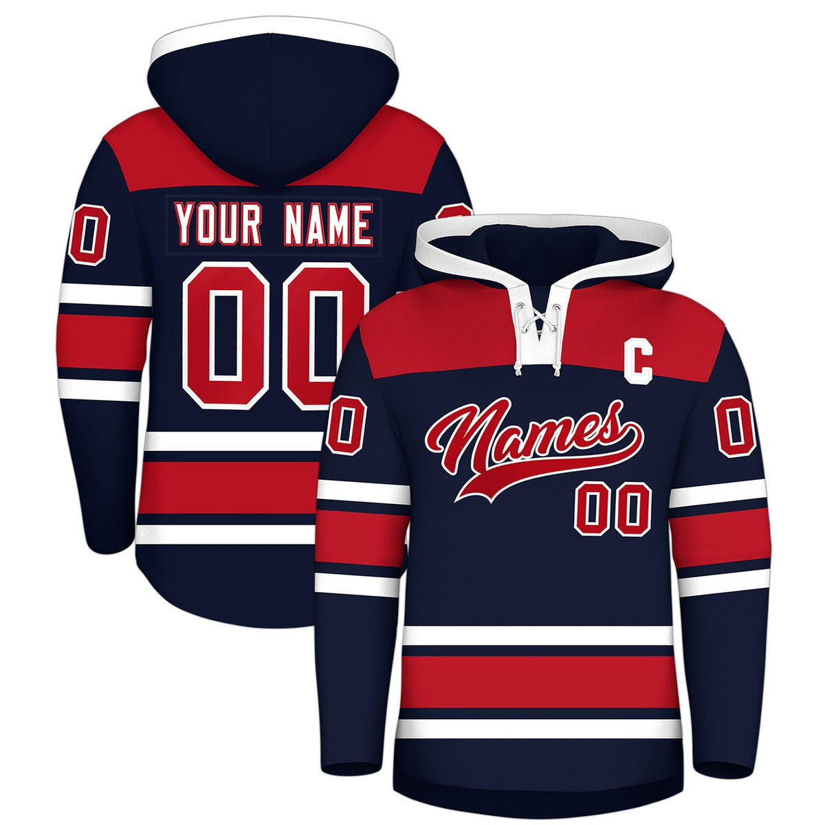 Custom Hockey Hoodie Jersey Navy Red Raglan Sleeves Lace-Up Neck Classic Team Colors Hoodie