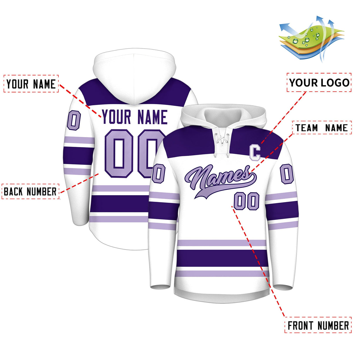 Custom Hockey Hoodie Jersey White Purple Raglan Sleeves Lace-Up Neck Personalized Jersey for Men &amp; Youth