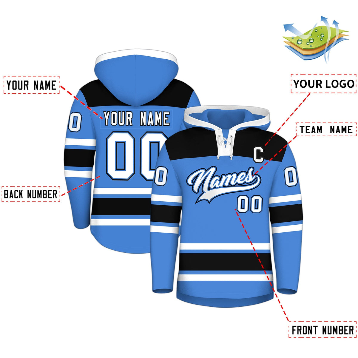 Custom Hockey Hoodie Jersey Powder Blue Black Raglan Sleeves Lace-Up Neck Classic Team Colors Hoodie
