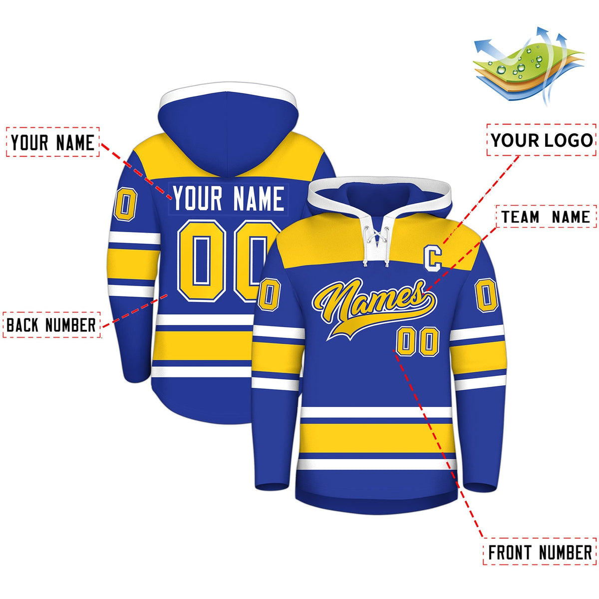 Custom Hockey Hoodie Jersey Royal Blue Gold Raglan Sleeves Lace-Up Neck Personal Name &amp; Number &amp; Logo