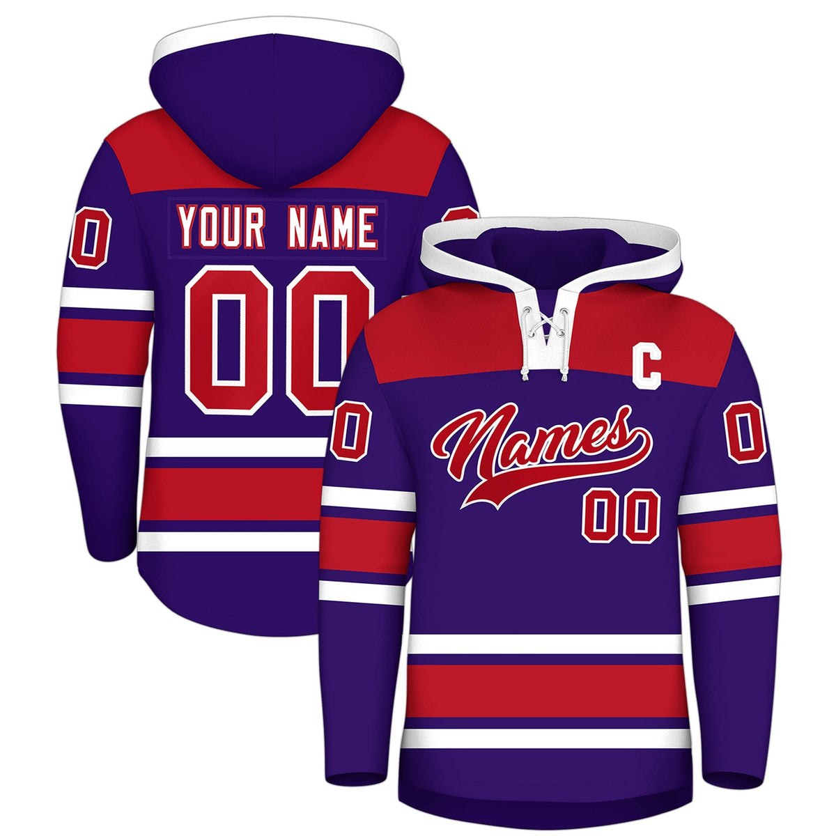 Custom Hockey Hoodie Jersey Purple Red Raglan Sleeves Lace-Up Neck Classic Team Colors Hoodie
