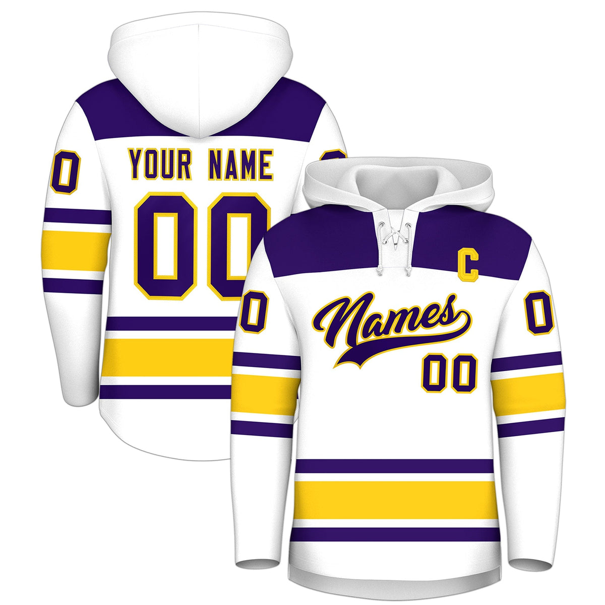 Custom Hockey Hoodie Jersey White Gold Raglan Sleeves Lace-Up Neck Personal Name &amp; Number &amp; Logo