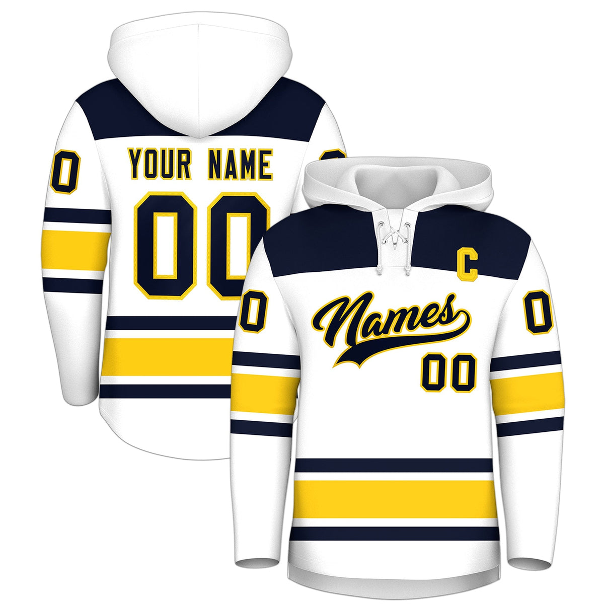 Custom Hockey Hoodie Jersey White Navy Raglan Sleeves Lace-Up Neck Classic Team Colors Hoodie
