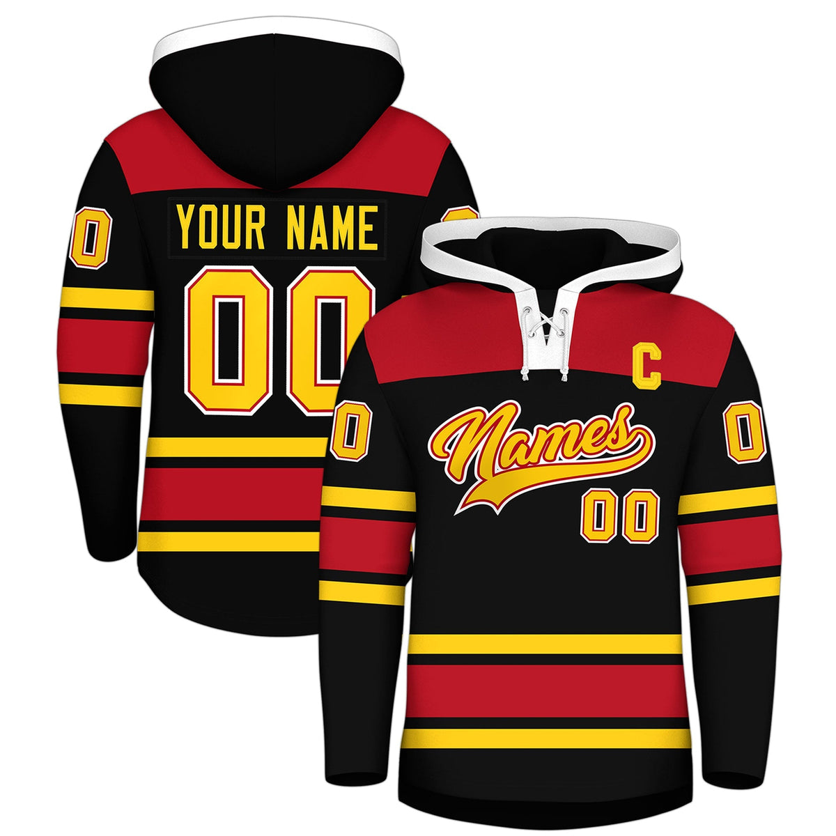Custom Hockey Hoodie Jersey Black Red Raglan Sleeves Lace-Up Neck Personal Name &amp; Number &amp; Logo