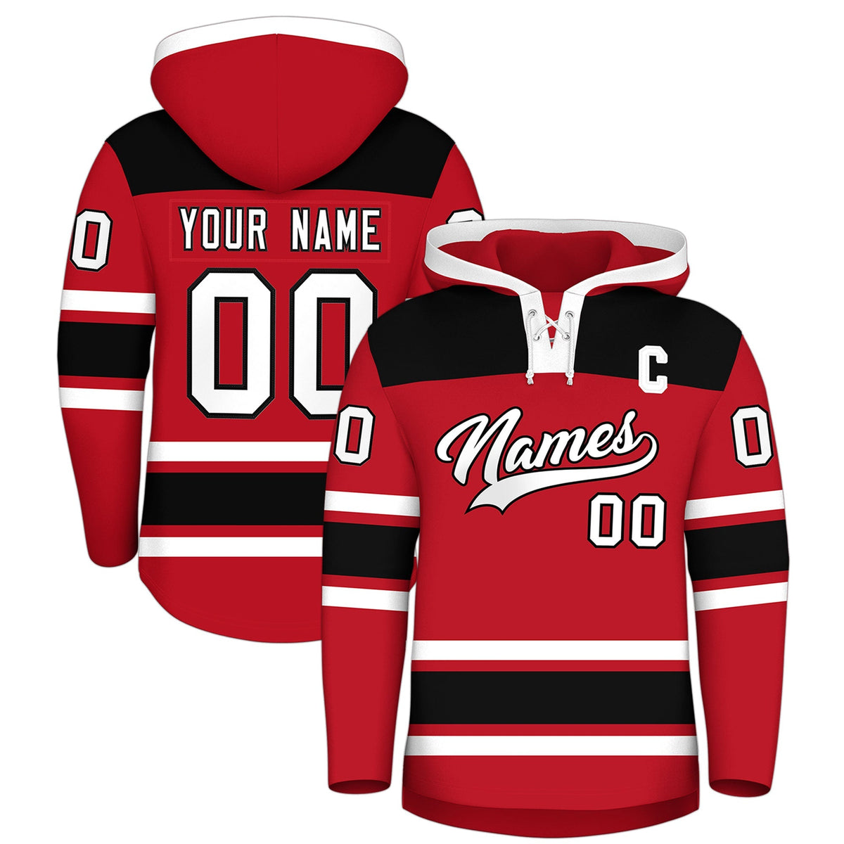 Custom Hockey Hoodie Jersey Red Black Raglan Sleeves Lace-Up Neck Classic Team Colors Hoodie