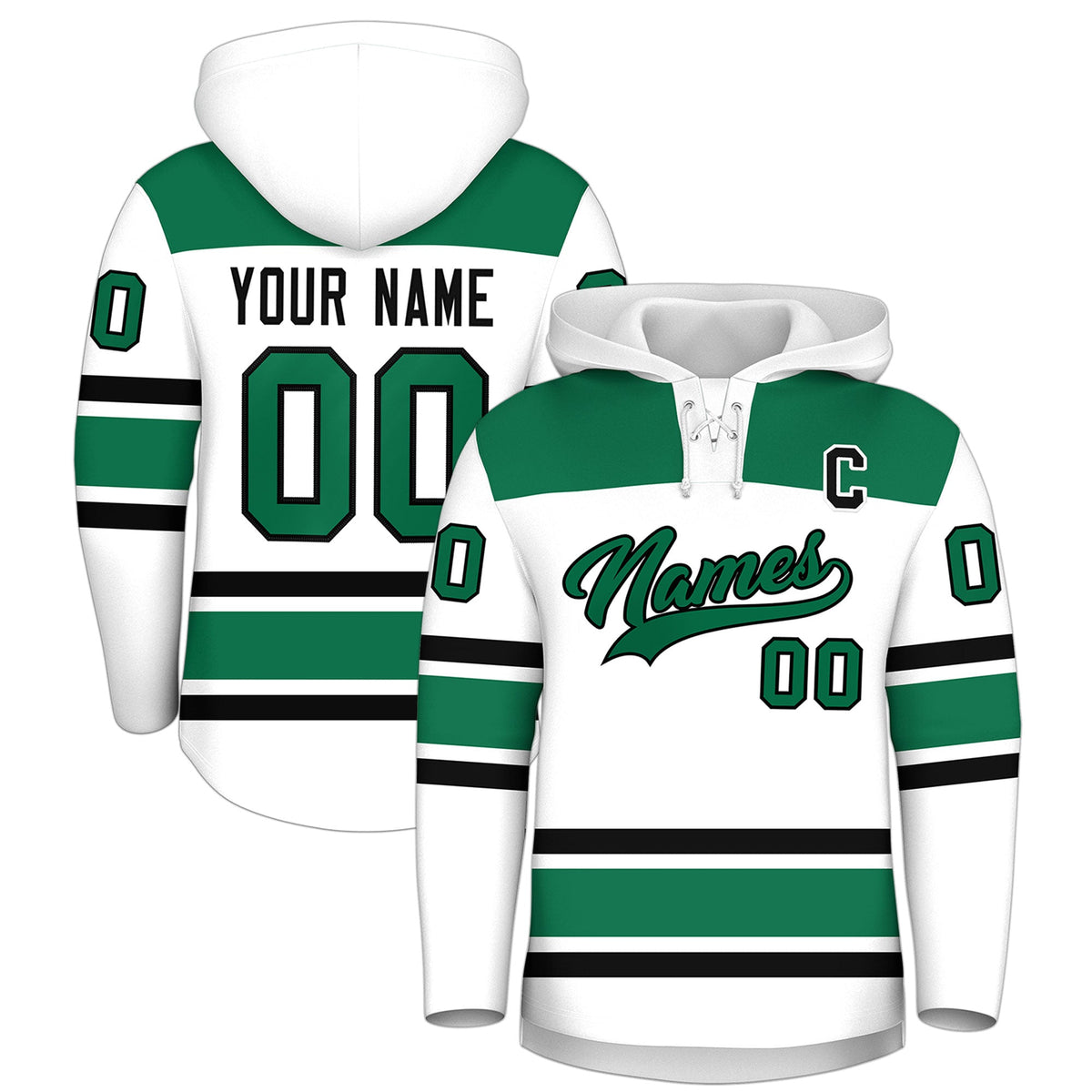 Custom Hockey Hoodie Jersey White Kelly Green Raglan Sleeves Lace-Up Neck Personalized Jersey for Men &amp; Youth