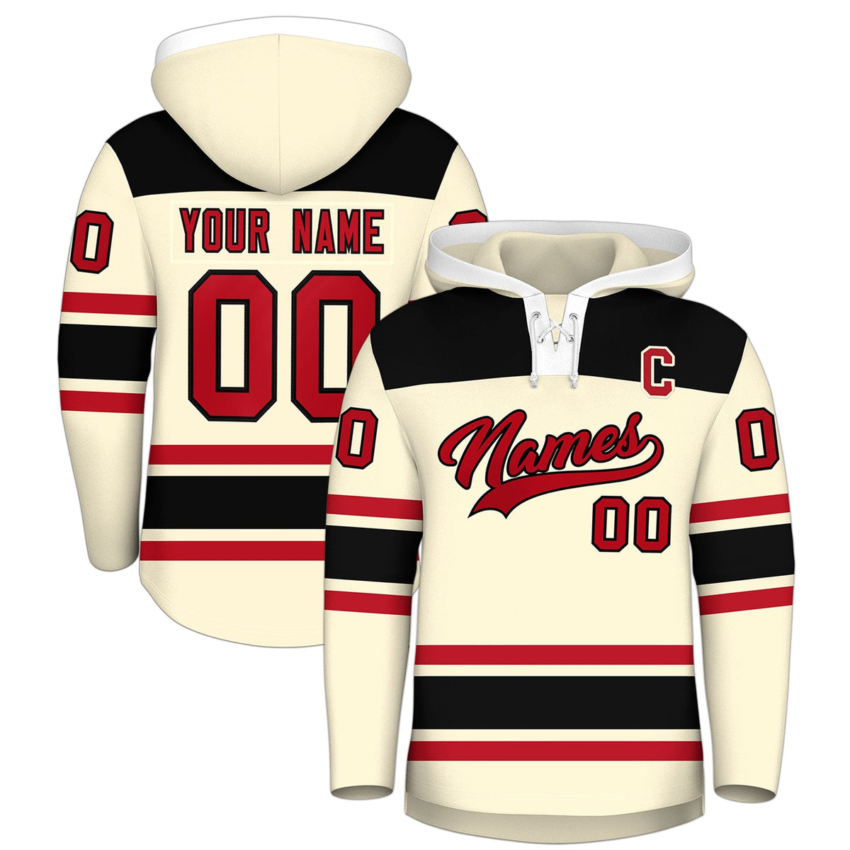 Custom Hockey Hoodie Jersey Cream Black Raglan Sleeves Lace-Up Neck Personal Name &amp; Number &amp; Logo