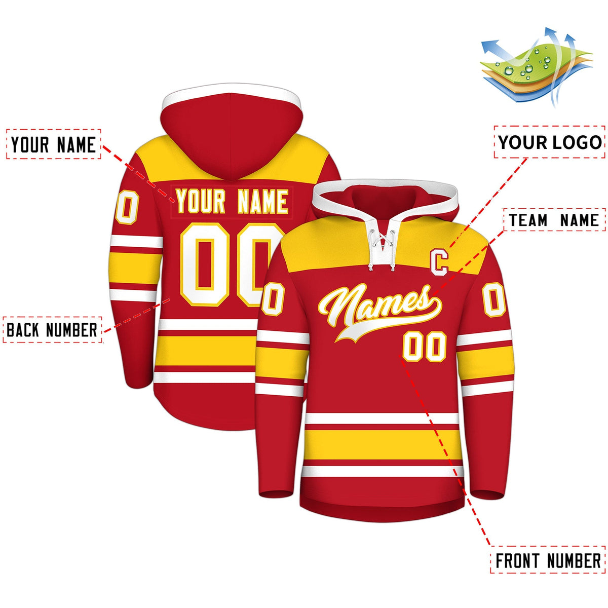 Custom Hockey Hoodie Jersey Red Gold Raglan Sleeves Lace-Up Neck Personalized Jersey for Men &amp; Youth