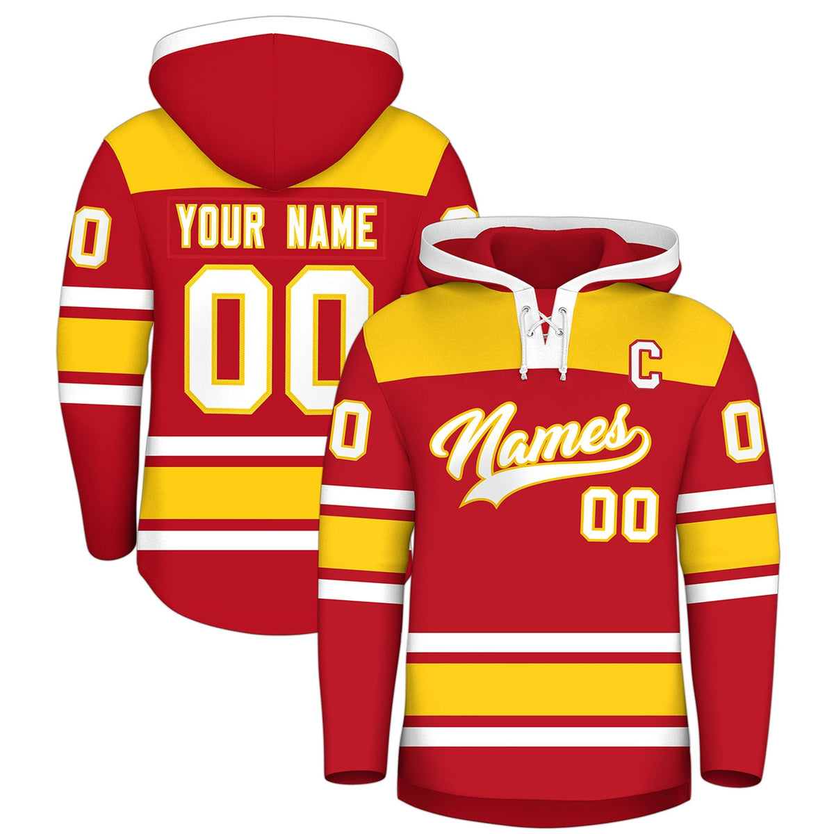 Custom Hockey Hoodie Jersey Red Gold Raglan Sleeves Lace-Up Neck Personalized Jersey for Men &amp; Youth