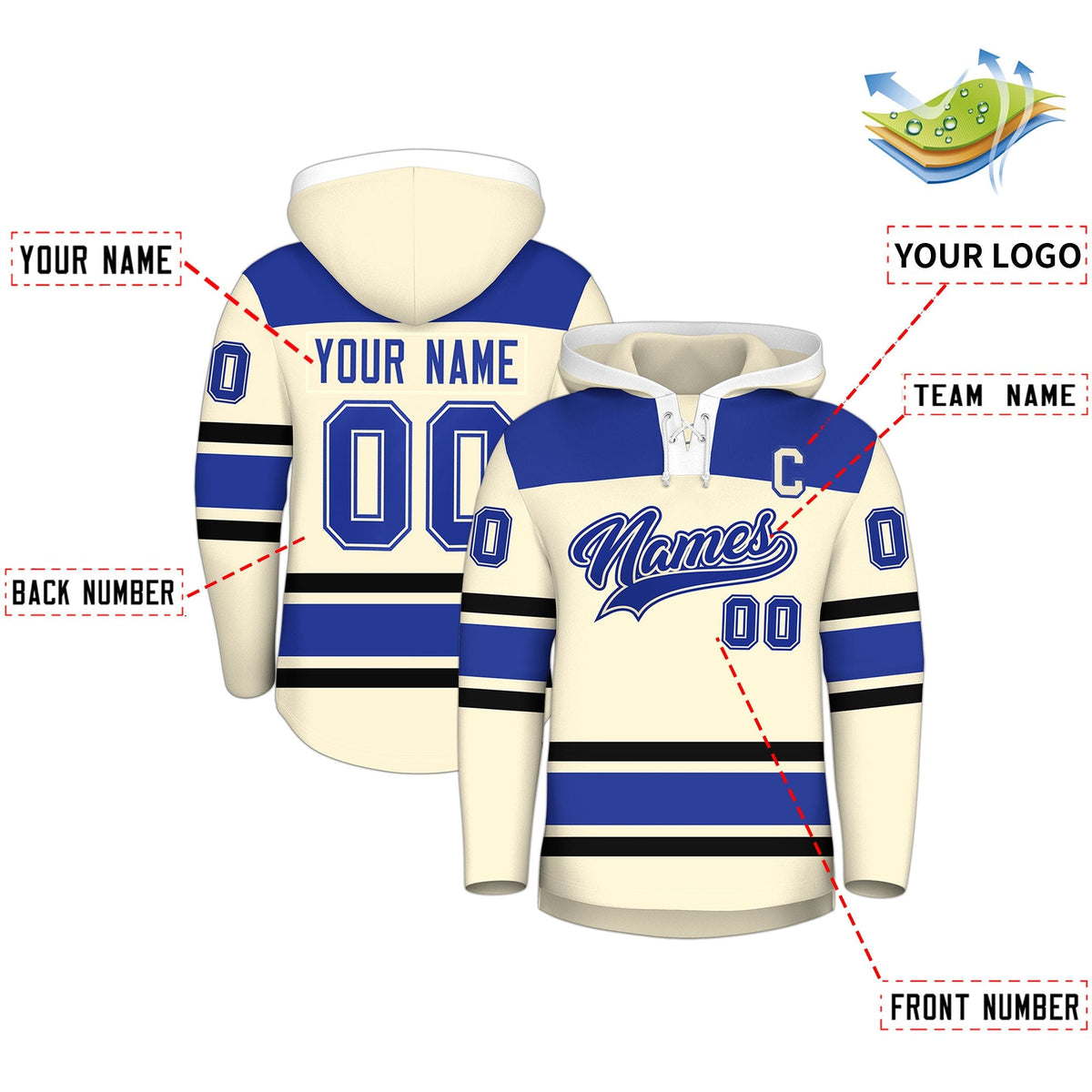 Custom Hockey Hoodie Jersey Cream Royal Blue Raglan Sleeves Lace-Up Neck Personal Name &amp; Number &amp; Logo