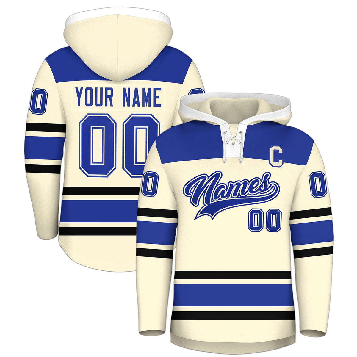 Custom Hockey Hoodie Jersey Cream Royal Blue Raglan Sleeves Lace-Up Neck Personal Name &amp; Number &amp; Logo