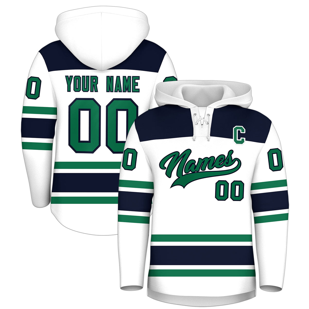 Custom Hockey Hoodie Jersey White Navy Raglan Sleeves Lace-Up Neck Classic Team Colors Hoodie