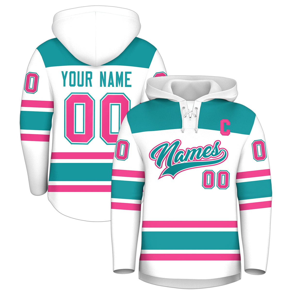 Custom Hockey Hoodie Jersey White Aqua Raglan Sleeves Lace-Up Neck Personal Name &amp; Number &amp; Logo