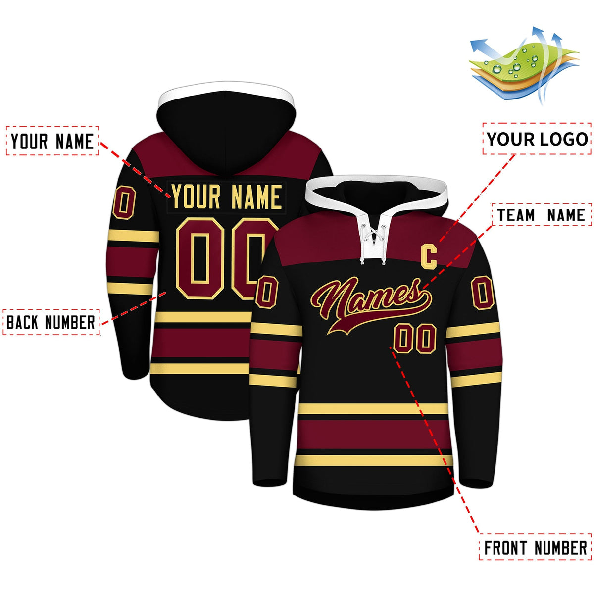 Custom Hockey Hoodie Jersey Black Crimson Raglan Sleeves Lace-Up Neck Personalized Jersey for Men &amp; Youth