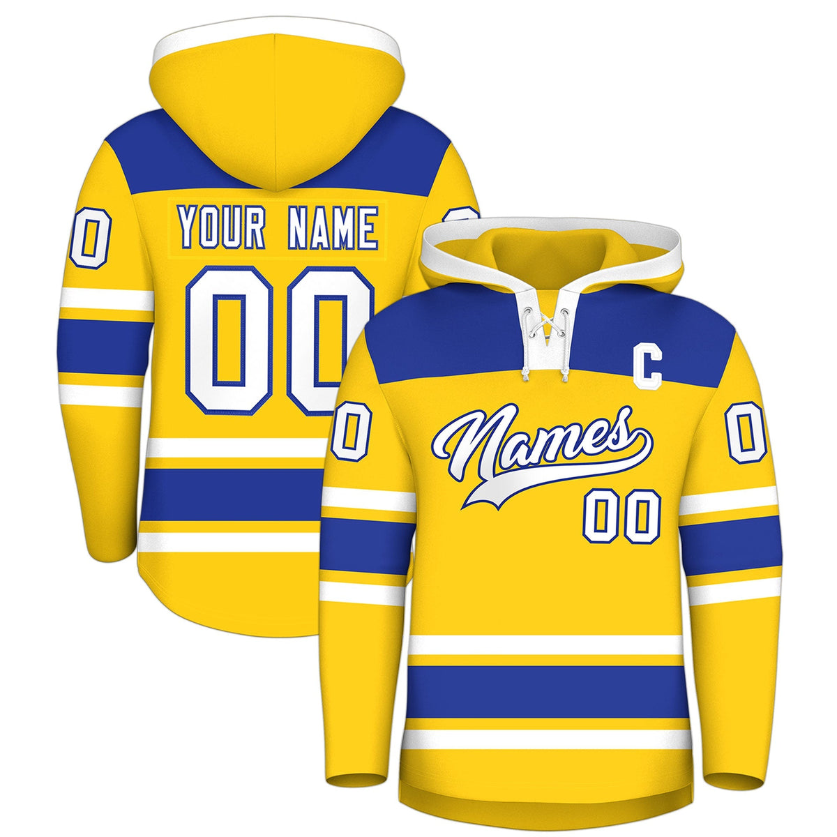 Custom Hockey Hoodie Jersey Gold Royal Blue Raglan Sleeves Lace-Up Neck Personalized Jersey for Men &amp; Youth