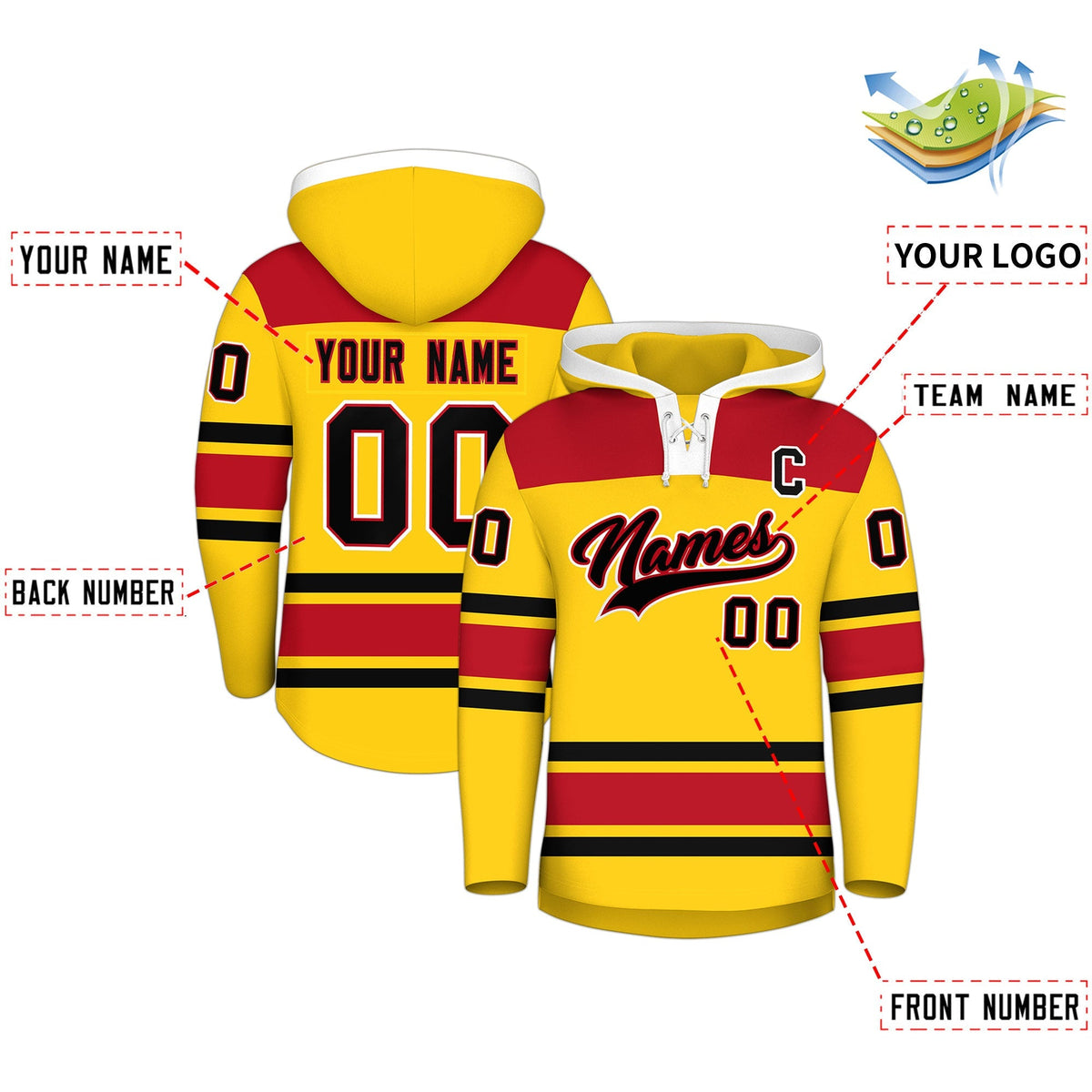 Custom Hockey Hoodie Jersey Gold Red Raglan Sleeves Lace-Up Neck Personal Name &amp; Number &amp; Logo