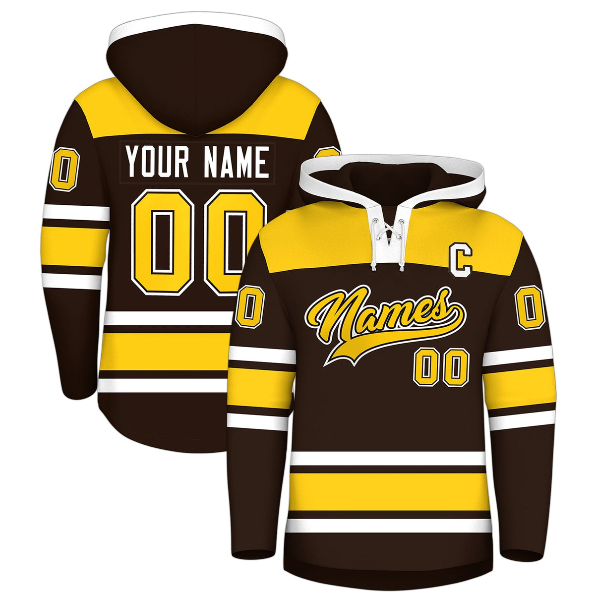 Custom Hockey Hoodie Jersey Brown Gold Raglan Sleeves Lace-Up Neck Personalized Jersey for Men &amp; Youth