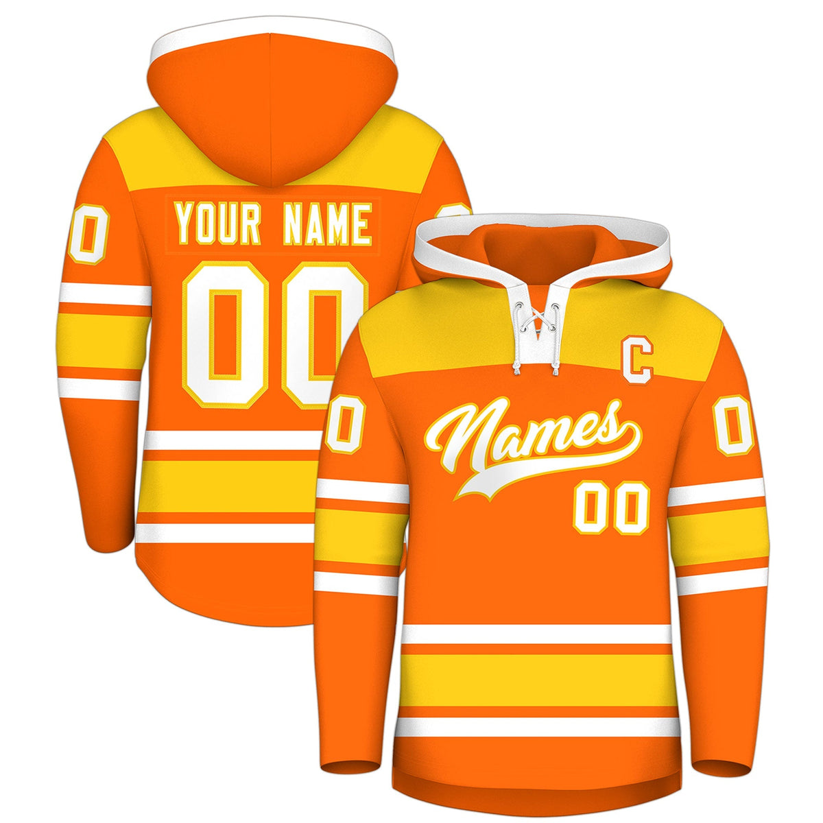 Custom Hockey Hoodie Jersey Orange Gold Raglan Sleeves Lace-Up Neck Personal Name &amp; Number &amp; Logo