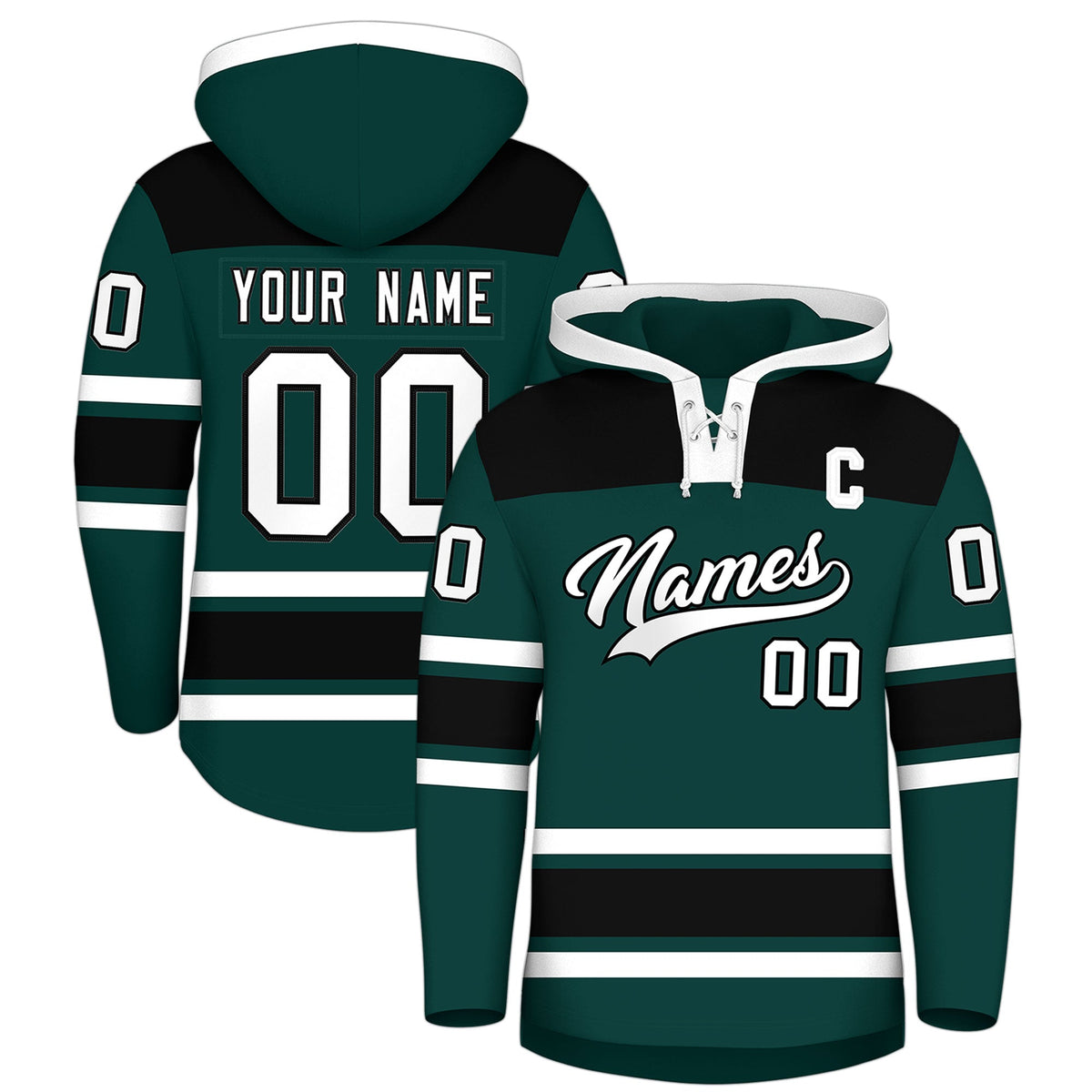 Custom Hockey Hoodie Jersey Midnight Green Black Raglan Sleeves Lace-Up Neck Personal Name &amp; Number &amp; Logo