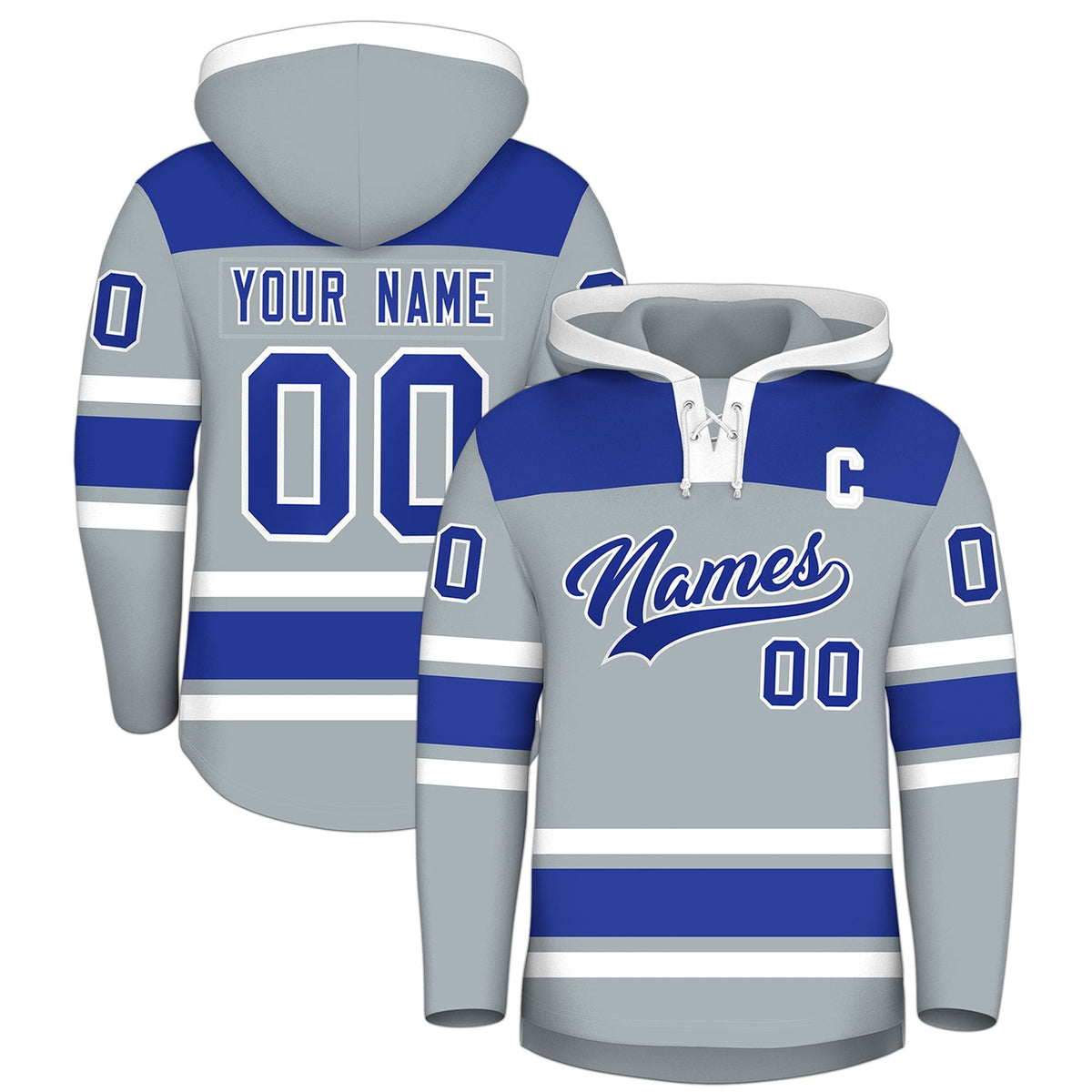 Custom Hockey Hoodie Jersey Silver Royal Blue Raglan Sleeves Lace-Up Neck Personalized Jersey for Men &amp; Youth