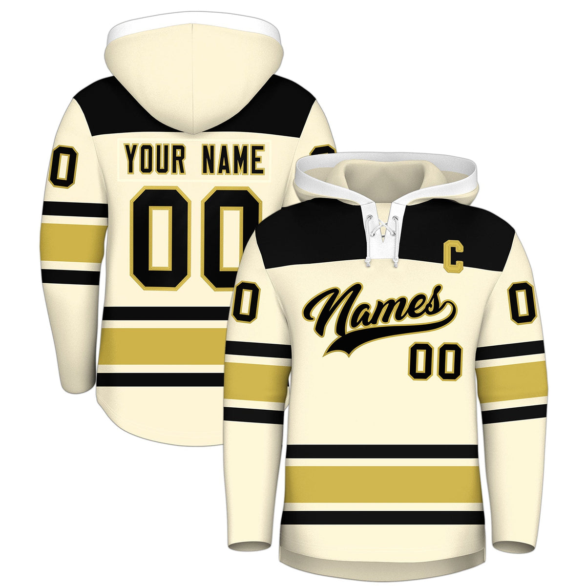 Custom Hockey Hoodie Jersey Cream Old Gold Raglan Sleeves Lace-Up Neck Personal Name &amp; Number &amp; Logo