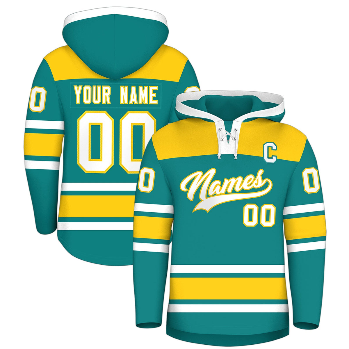 Custom Hockey Hoodie Jersey Teal Gold Raglan Sleeves Lace-Up Neck Personal Name &amp; Number &amp; Logo