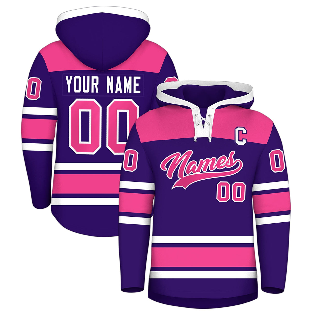 Custom Hockey Hoodie Jersey Purple Pink Raglan Sleeves Lace-Up Neck Classic Team Colors Hoodie