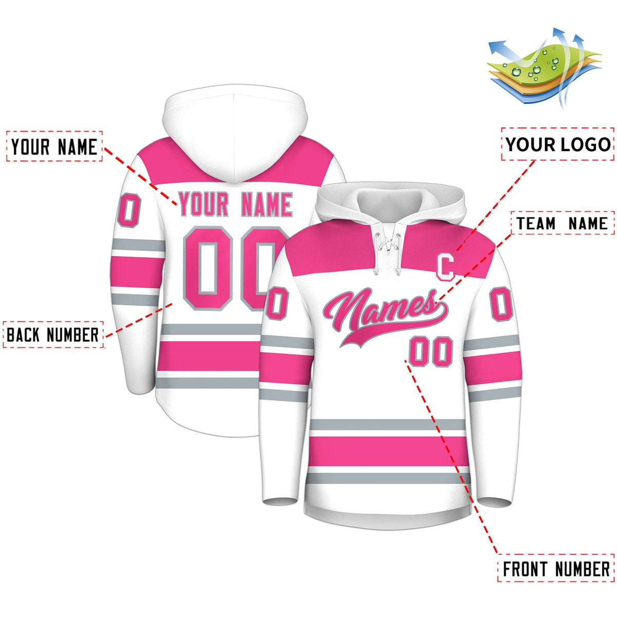 Custom Hockey Hoodie Jersey White Pink Raglan Sleeves Lace-Up Neck Personal Name &amp; Number &amp; Logo