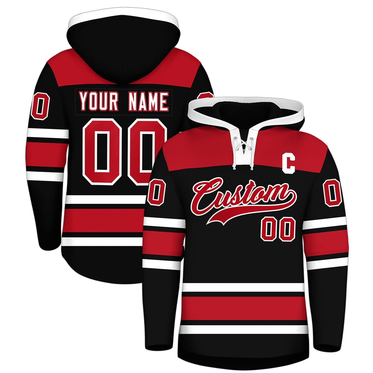 Custom Hockey Hoodie Jersey Black Red Raglan Sleeves Lace-Up Neck Personalized Jersey for Men &amp; Youth