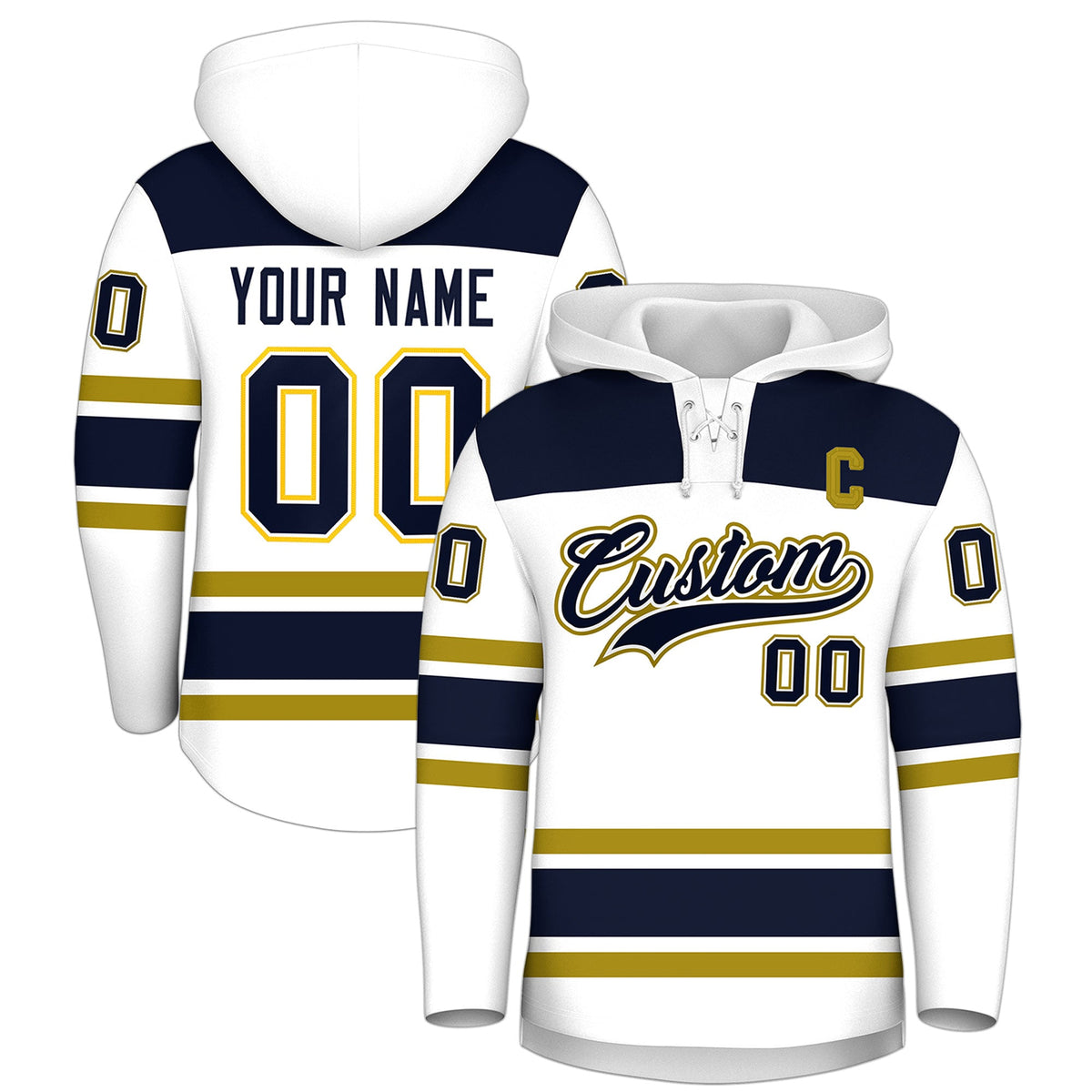 Custom Hockey Hoodie Jersey White Navy Raglan Sleeves Lace-Up Neck Personal Name &amp; Number &amp; Logo