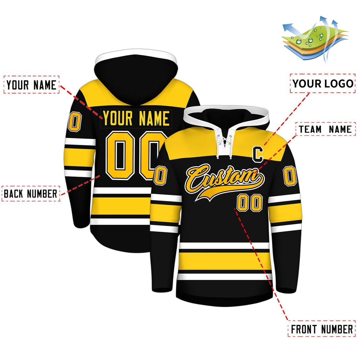 Custom Hockey Hoodie Jersey Black Gold Raglan Sleeves Lace-Up Neck Personalized Jersey for Men &amp; Youth