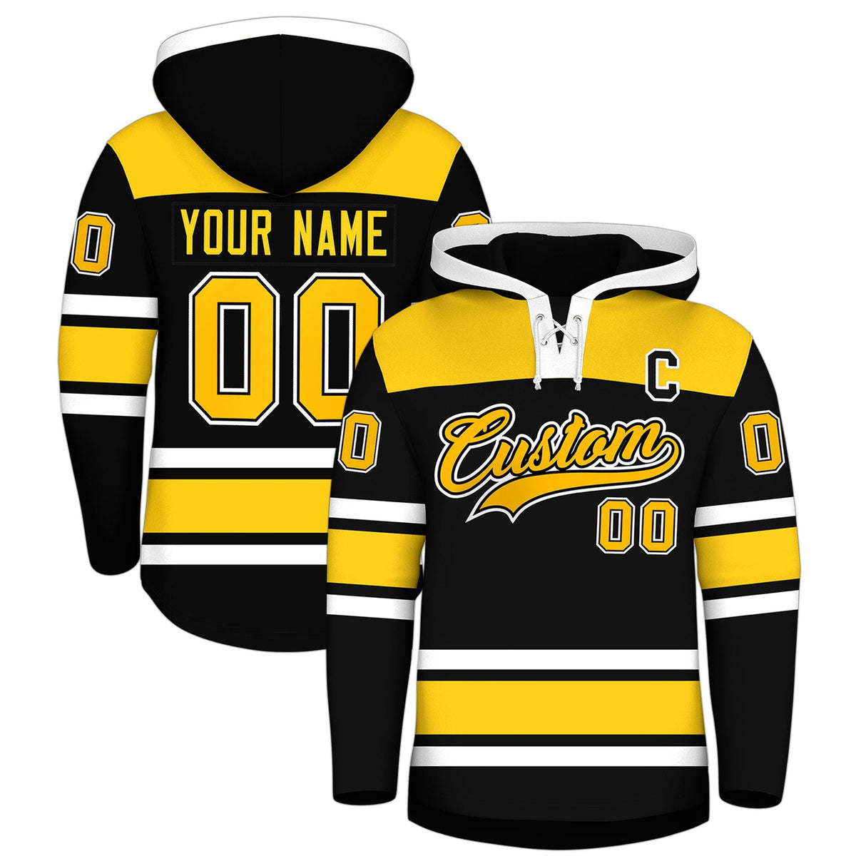 Custom Hockey Hoodie Jersey Black Gold Raglan Sleeves Lace-Up Neck Personalized Jersey for Men &amp; Youth