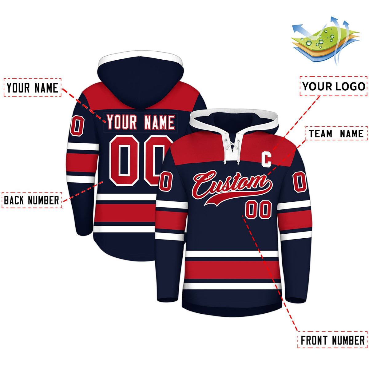 Custom Hockey Hoodie Jersey Navy Red Raglan Sleeves Lace-Up Neck Classic Team Colors Hoodie
