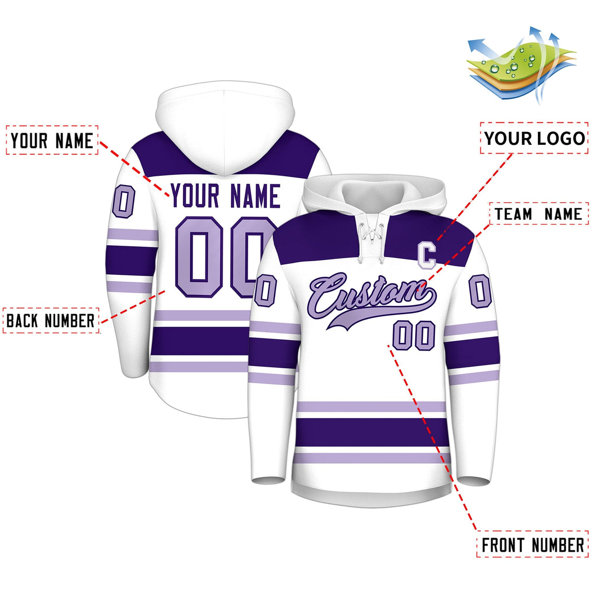 Custom Hockey Hoodie Jersey White Purple Raglan Sleeves Lace-Up Neck Personalized Jersey for Men &amp; Youth