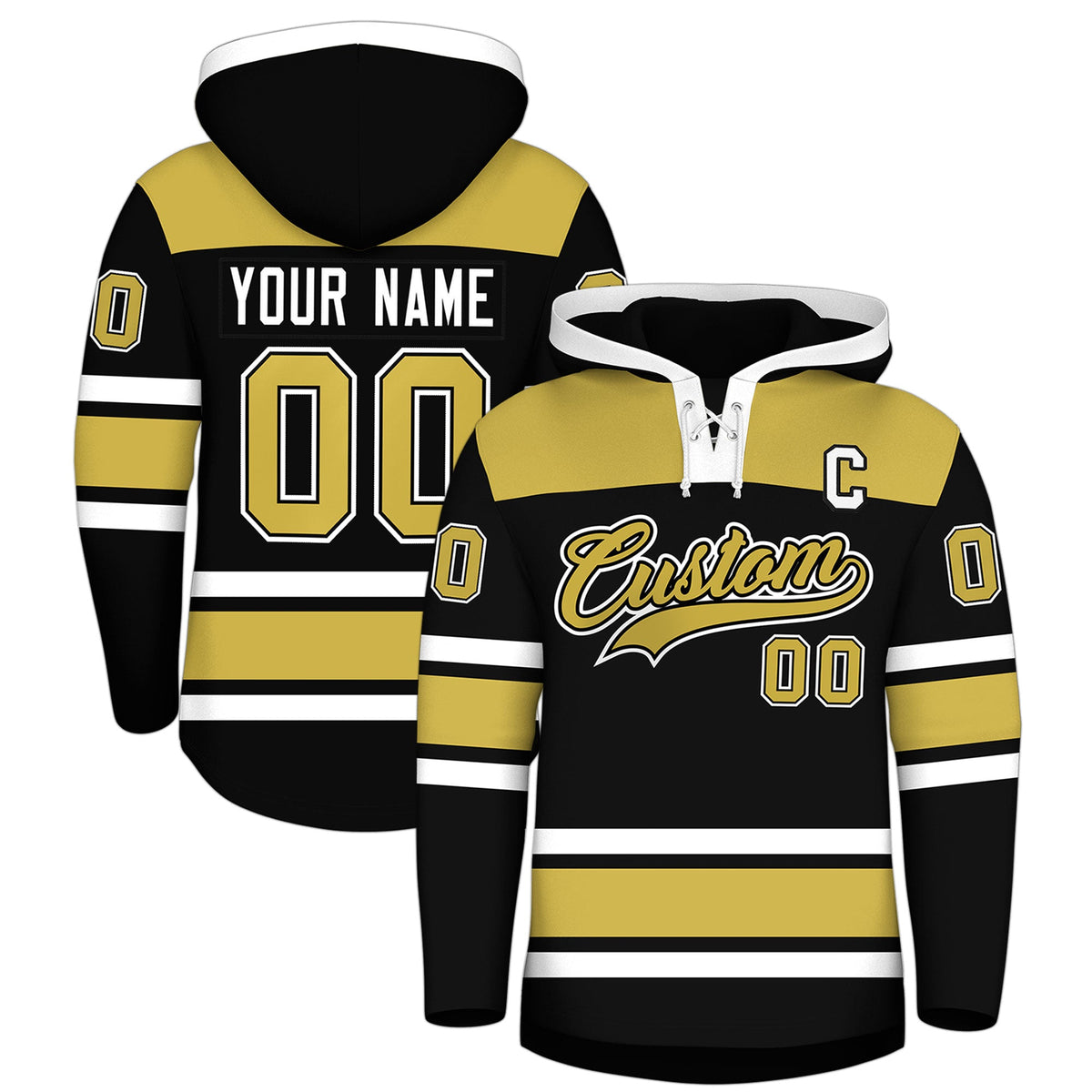 Custom Hockey Hoodie Jersey Black Old Gold Raglan Sleeves Lace-Up Neck Personal Name &amp; Number &amp; Logo